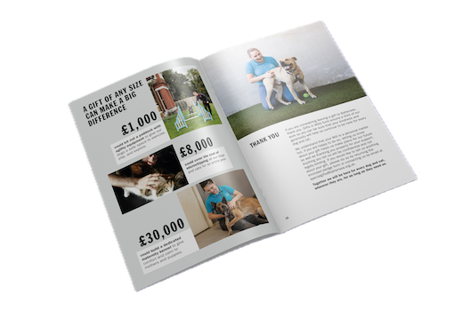 Gifts in Wills brochure open on the page with examples of how different gift amounts help Battersea