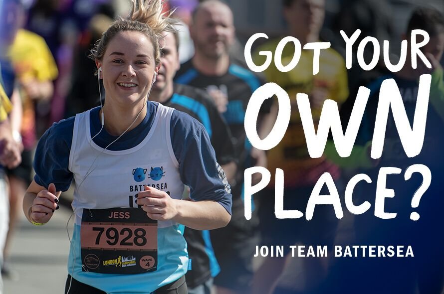 Woman running in an event. Text "Got your own place? Join Battersea" next to her